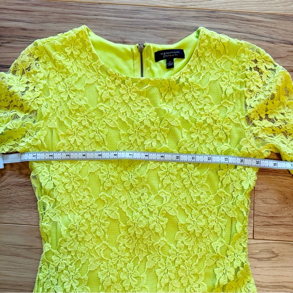 Spence Petite neon green/Citron lace 3/4 sleeve fitted lace midi dress EUC - Picture 14 of 16